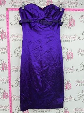 Bebe dress shiny belted y2k Strapless Purple Satin Sheath Dress with Belt